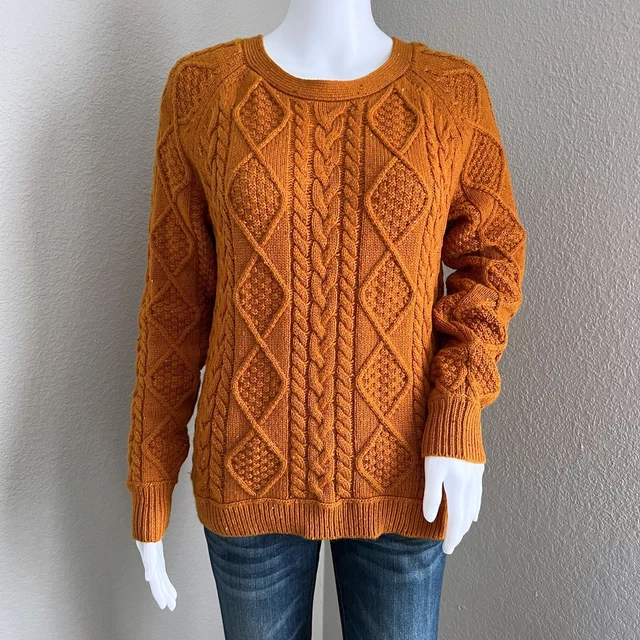 Orvis Women's Donegal Cable Crew Sweater Size XS Burnt Orange Wool Cashmere