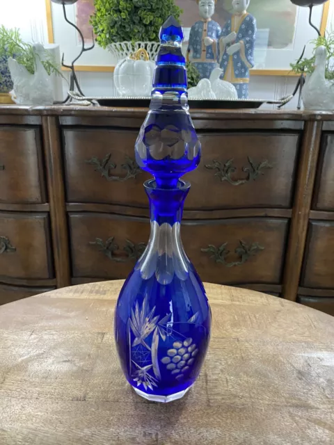 large Cobalt Blue cut to clear Czech Bohemian crystal glass decanter bottle