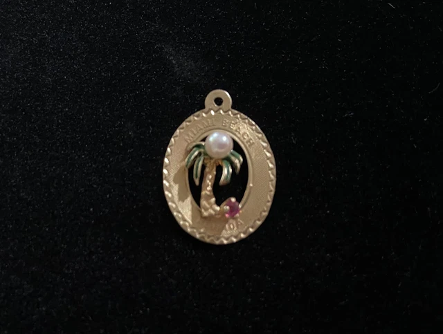 Vtg Solid 14K YELLOW GOLD Miami Beach Florida PALM TREE Charm PENDANT Pearl Gem