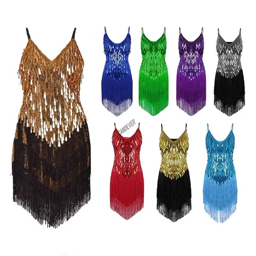 Ladies  Red Blue Gold Sexy Tassel Latin Dance Dress Fringe Sequin Ballroom Tango