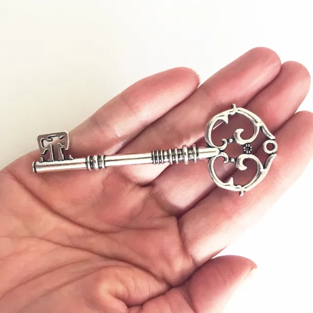 Silver Metal Key | Large 3cm x 8cm Vintage Style Ornate Steampunk Pendant |