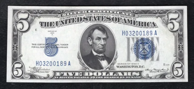 1934-A $5 Five Dollars Silver Certificate Currency Note Gem Uncirculated (F)