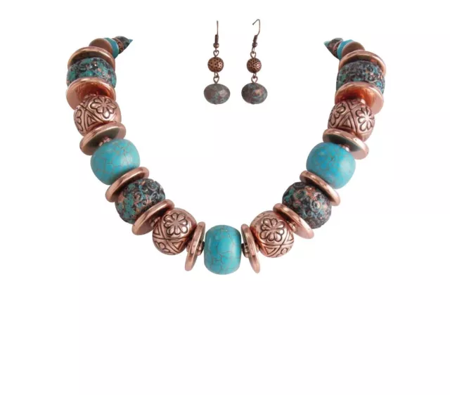 Big Copper-Tone Teal Faux-Turquoise Necklace and Earrings Set Wide and Chunky