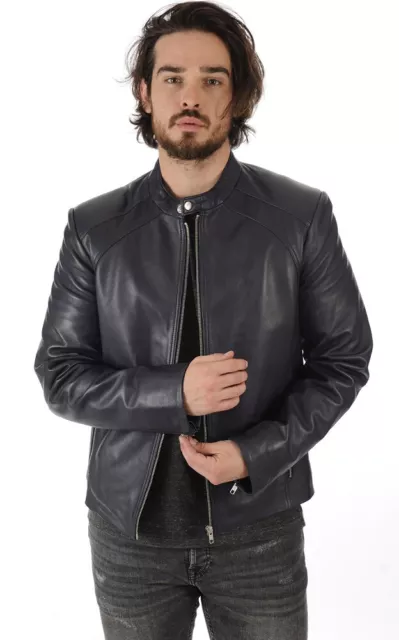 Mens Leather Jacket Slim Fit Biker Motorcycle Genuine Lambskin Jacket Coat -SK49 2