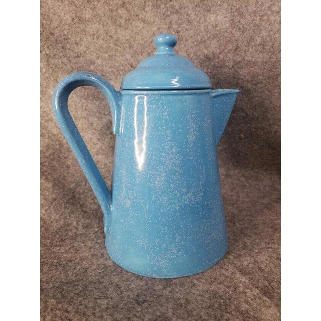 Vintage Ceramic Porcelain Coffee Pot Pitcher Blue White Speckled with Lid Handle