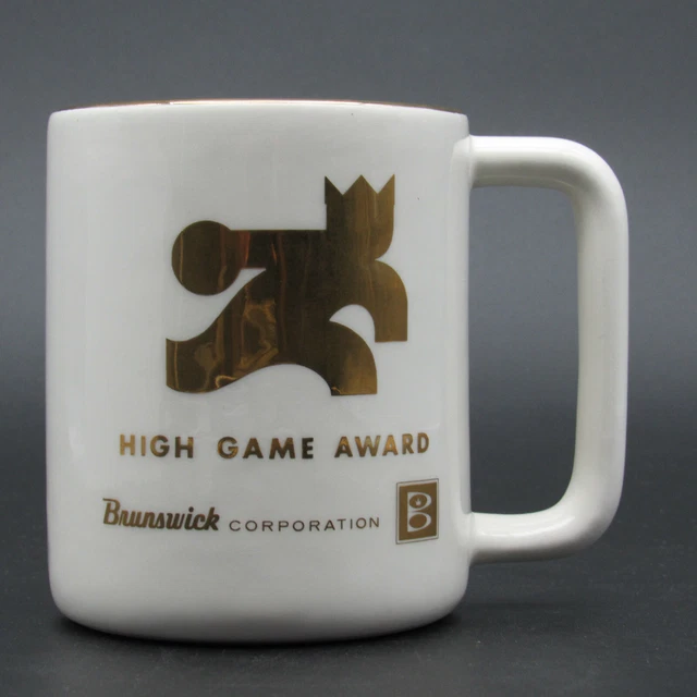 Brunswick Corporation Award Mug, High Game, Gold on White, Vintage Bowling