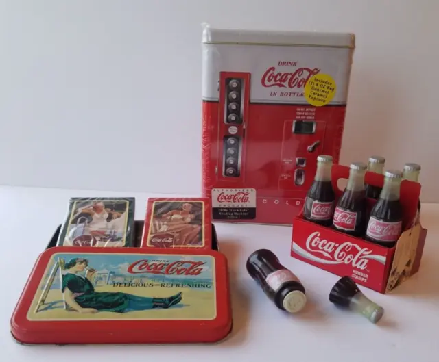 3 item COCA-COLA LOT-Coke machine popcorn tin, Playing cards, Mini-bottle stamps
