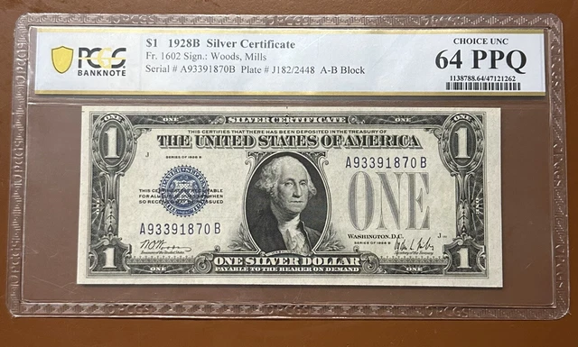 1928-B $1 Silver Certificate Note Bill Fr. 1602 PCGS MS 64 PPQ Funny Back TCCCX