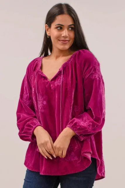NWT$160 Kyla Seo Rhea Blouse Berry Pink Velour Embroidered Henley S Small