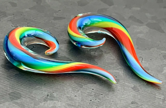 PAIR Rainbow Glass Spiral Hanging Tapers Expanders Plugs Gauges Body Jewelry