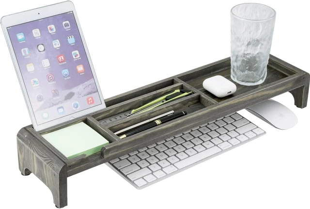 Vintage Gray Wood Keyboard Office Desk Organizer Tray, Sticky Note & Pen Holder