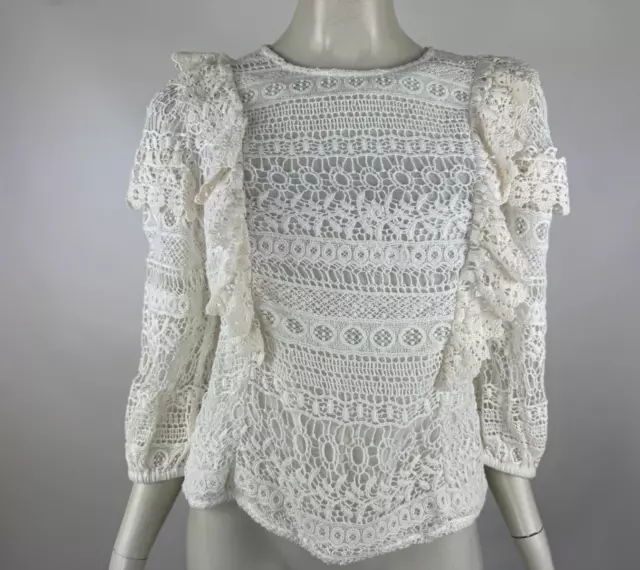 Anthropologie Seen Serena Lace Ruffle Blouse Top Women S 3/4 Sleeve Lined Cotton