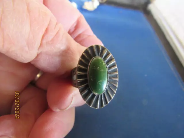 Vintage Sterling Silver Native American Green Turquoise Stamped Band Ring