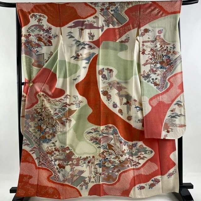 Japanese Kimono Furisode Pure Silk An Ox Drawn Coach Crane Tie Dye Cream Color