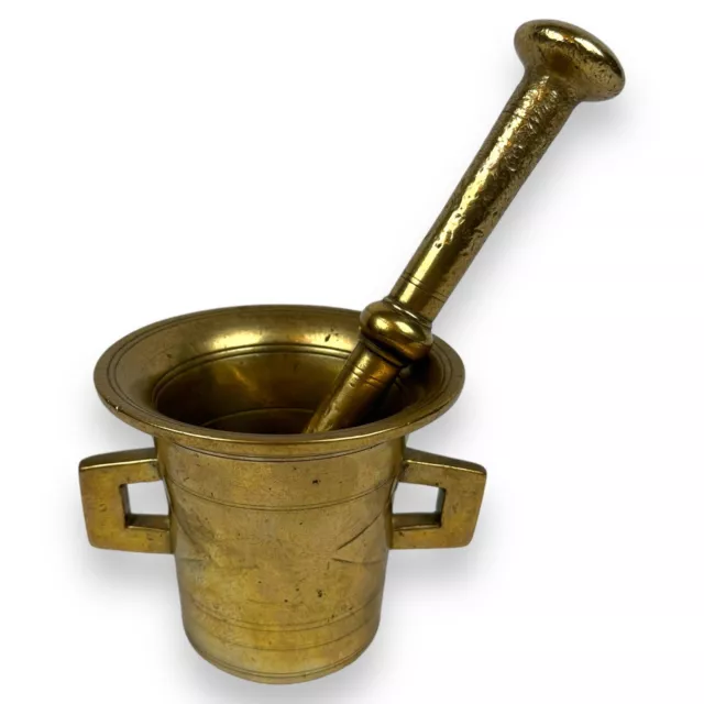 Antique Heavy Solid Brass Mortar And Pestle Large Pharmacy Apothecary Bowl Set