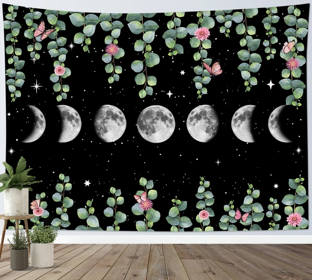 Planta de mariposa rosa fase lunar tapiz negro decoración dormitorio