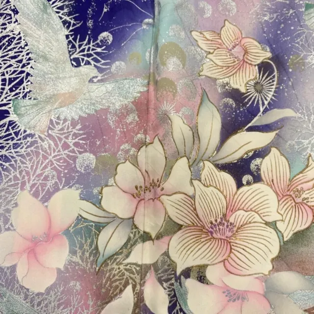 Woman Japanese Kimono Furisode Silk Bird Gold Slver Foil Blur BlueGreen japan