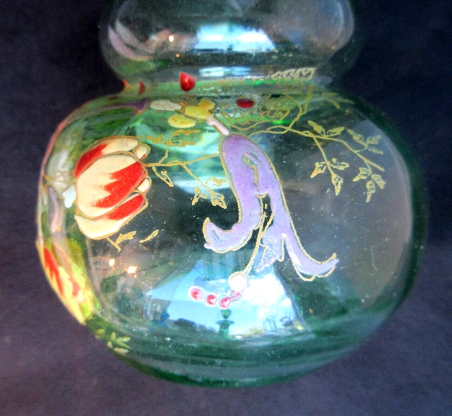 Carafe en verre vert transparent, émaillée Legras: Tulipes et rinceaux 5