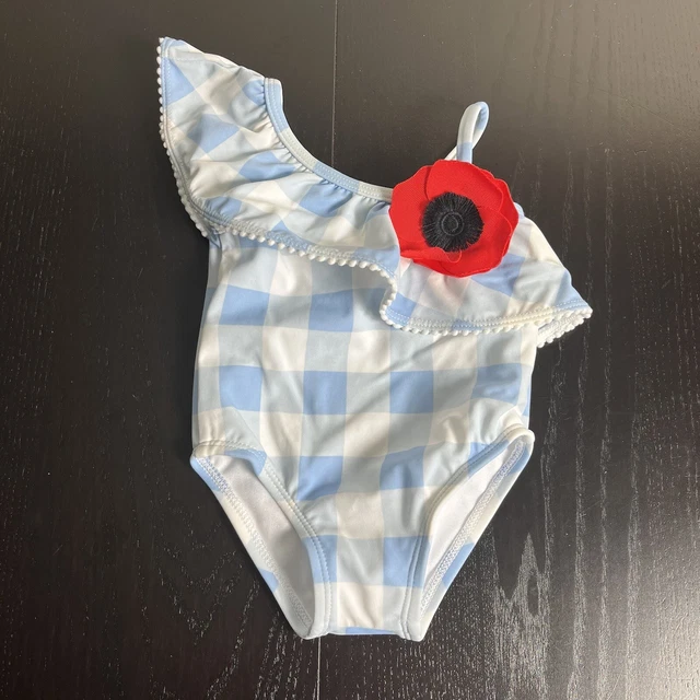JANIE AND JACK Baby Girl 3-6M Blue Gingham Print One-Piece Poppy Swimsuit NEW