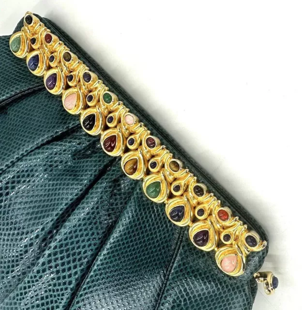 Judith Leiber Karung SnakeSkin Green Day Evening Handbag Gemstones Vintage