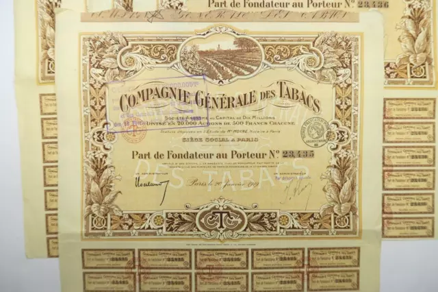Compagnie Generale Des Tabacs Part De Fondateur Paris 1919 X 5 Actions