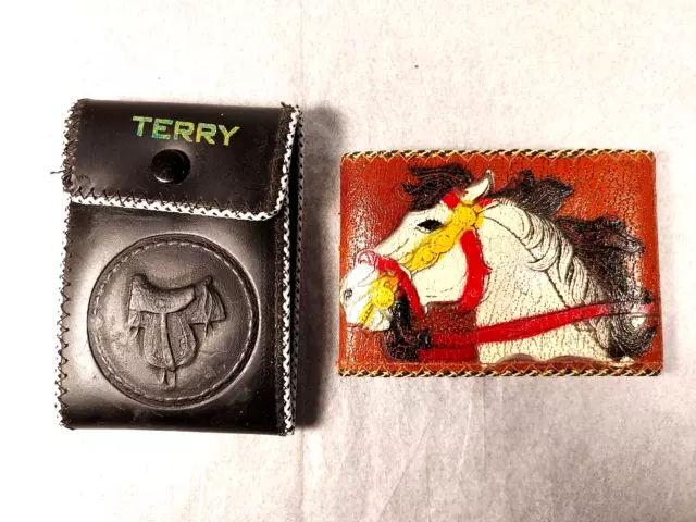Lot 2 Vintage Laced Leather Kids Wallets Embossed w/Horse & Saddle Equestrian