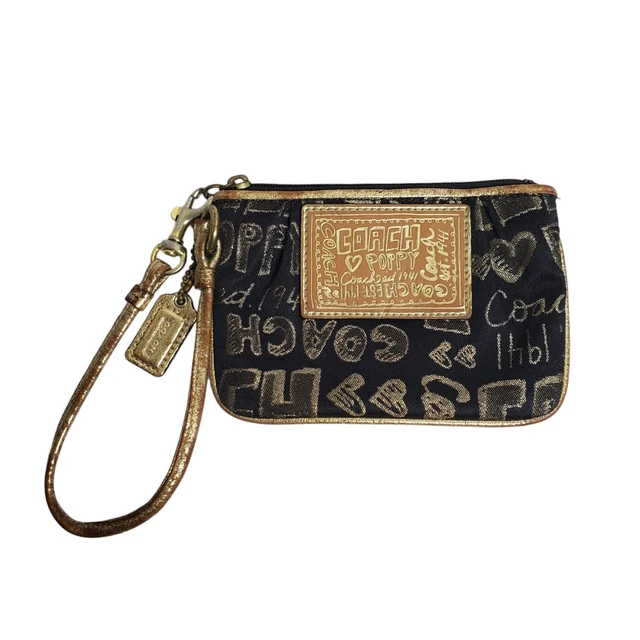 Coach Poppy Story Patch Black Gold Wristlet 44070