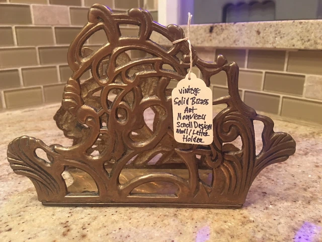 Vintage Solid Brass Napkin Letter Mail  Holder Scroll Design Art Nouveau