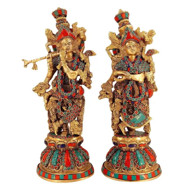 15" Tall Brass Hindu God Radha Krishna Playing Flute Idol Statue Figurine