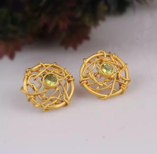 Multi Wire Stud Earrings Yellow Gold Plated Round Wire Wrapped Peridot Earring
