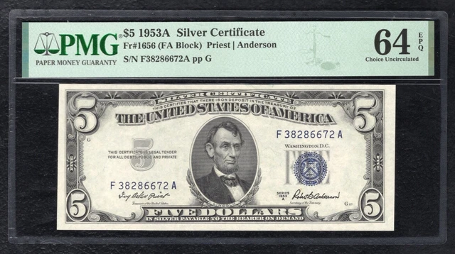 Fr. 1656 1953-A $5 Silver Certificate Currency Note Pmg Uncirculated-64Epq (C)