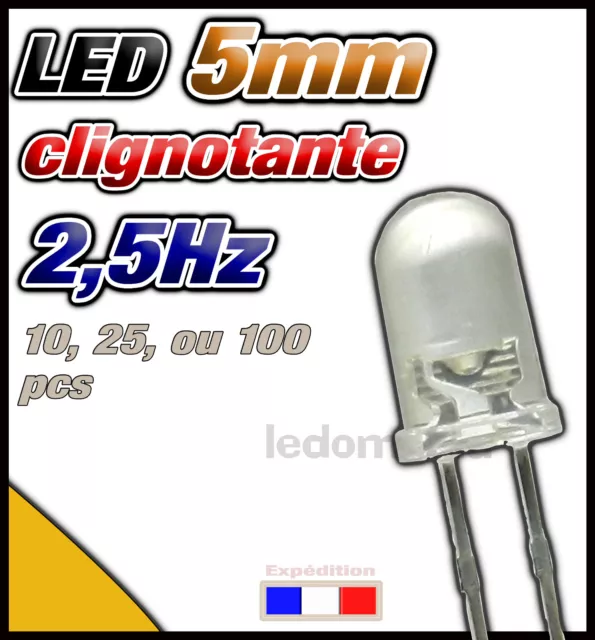 416J# LED 5mm clignotante rapide 2,5Hz Jaune ronde, dispo 10, 25 ou 100pcs -