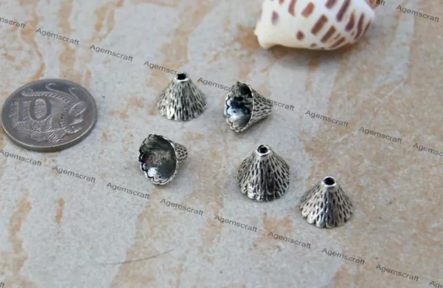 10 Silver tone crafted textured Bead Caps Cone caps  9x12mm Tassel Cord #24B1