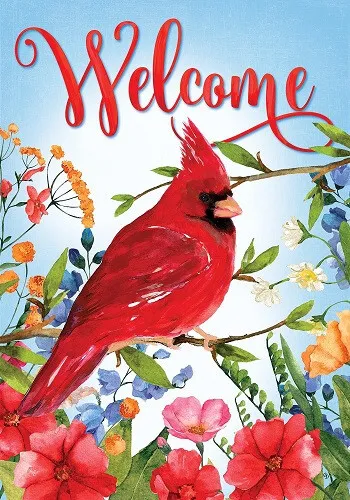 Welcome Cardinal Red Bird Garden Wild Flower Large Yard Flag New