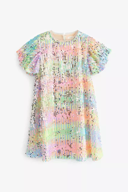 NEXT Girls Pink/ Lilac Purple Pastel Rainbow Sequin Dress Age 12 Years New