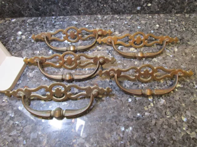 5- Vintage 8 1/4" x 2 3/4" Brass scroll ornate Drawer Pulls Handles hardware