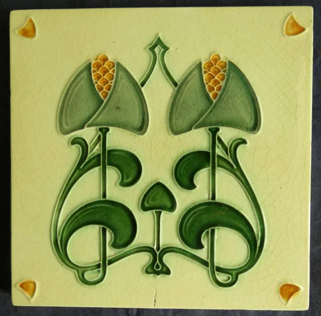 Original Antique Majolica Art Nouveau Tile Stylised Flowers & Leaves Richards