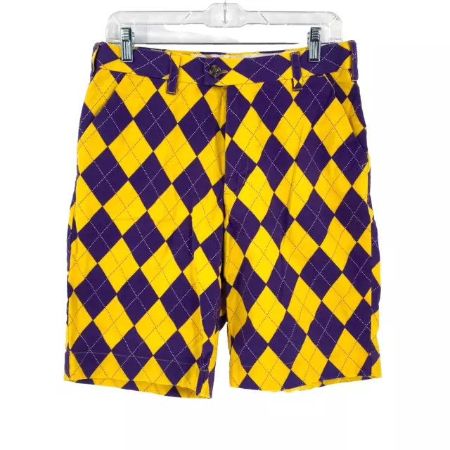 LOUD MOUTH MENS Purple Yellow Argyle Checked Wacky Golf Shorts Size 32W ...