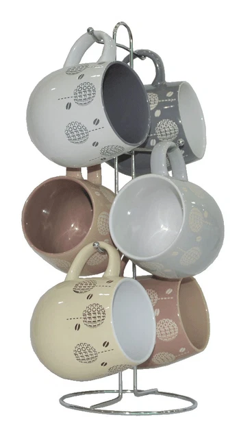 Marcelle, 6 Pc., Ceramic Coffee Mug Set with Metal Stand, 17oz