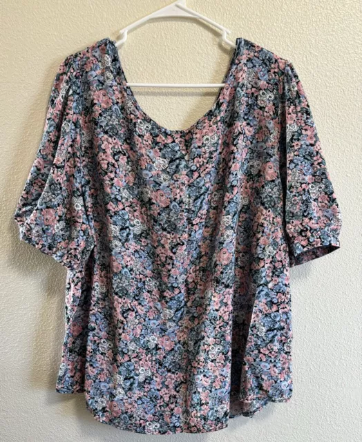 Angels Forever Young Blouse Short Sleeve Floral Pink Blue Tie Women's 3X