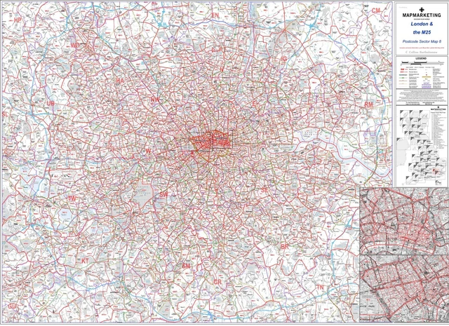 SECTOR MAP 8 Postcode London & M25 Wall Map With Motorway A & B Roads ...