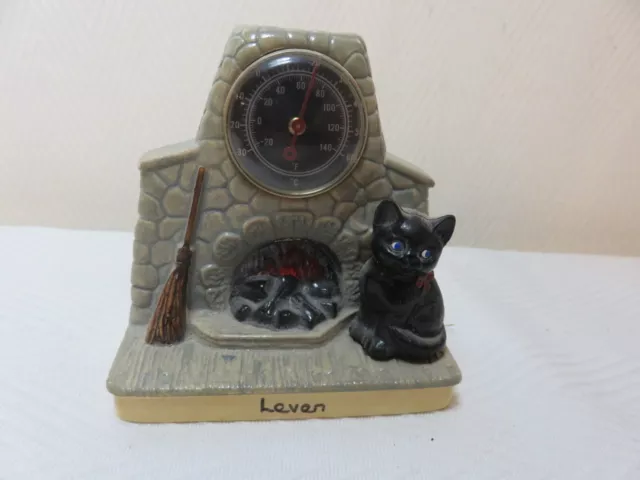 Vintage Halloween black cat witches broom thermometer by Manor Ware