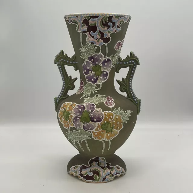 Stunning Antique Japanese Satsuma Handled Floral Bisque Vase Heavy Moriage 12"