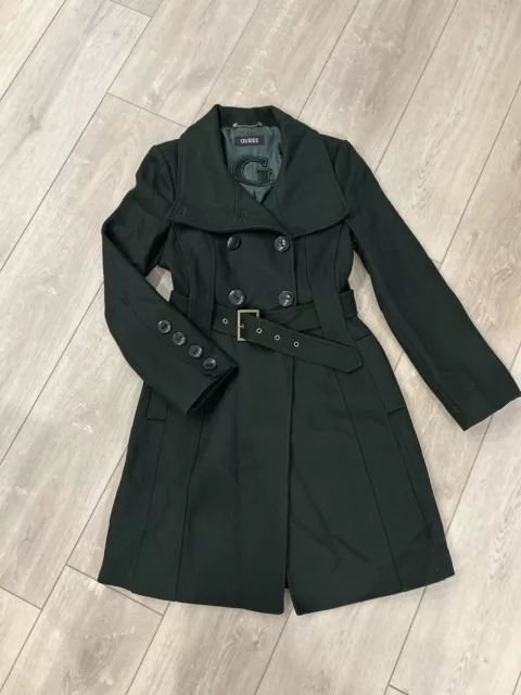 GUESS Double Breasted  3/4 Pea Coat, Medium, Wool Blend, Army Green, Belted