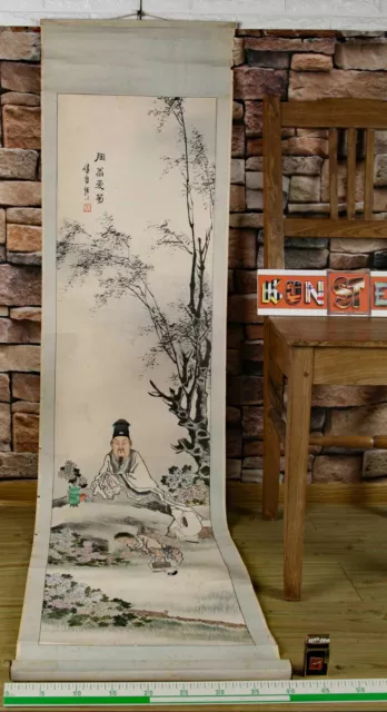 Firmado Asiática Enrrollable Antiguo Retrato Acuarela China de Deslizar Painting