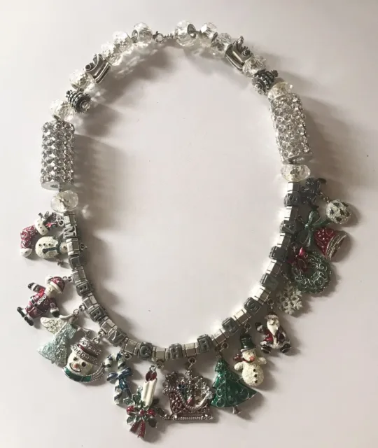 Vintage Merry Christmas Charm Dione Crystal Sterling Silver Necklace