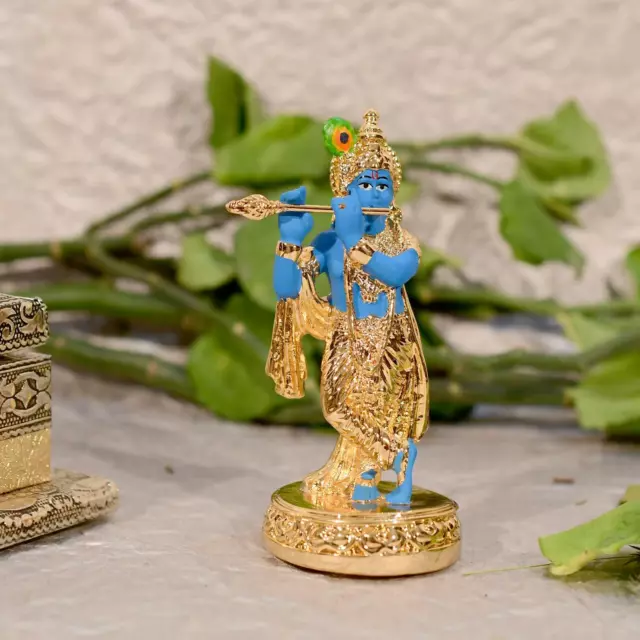 Gold Plated God Lord Krishna Playing Flute Sculpture Idol Statue Decor