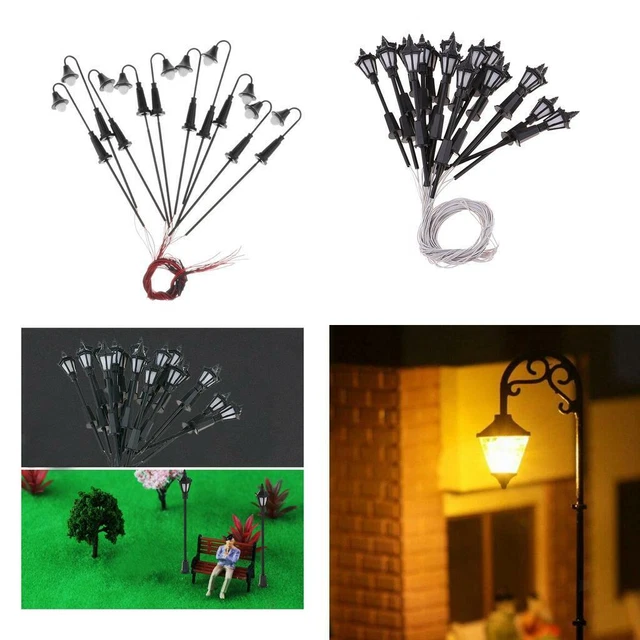 Lot De 10 Lampadaires Miniatures LED Pour Modélisme Ferroviaire - Calibre 00, éclairage Blanc, 3V