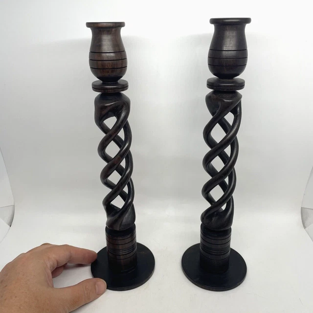 Open Barley Twist VTG Carved Dark Wood Candlesticks Candle Holder Pair
