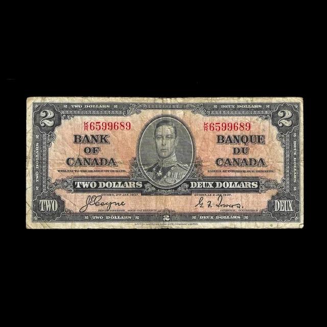 1937 Bank of Canada 2$ TWO DOLLAR CANADIAN BANK NOTE Coyne-Towers – Prefix KR